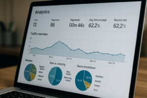 estadisticas detalladas de comportamiento de usuarios en sitio web grafico panel de analytics con graficos de trafico web en tiempo real medicion de visitas usuarios y rendimiento para optimizacion