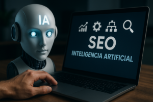 ia analizando metricas seo en laptop fotorrealista optimizacion de contenido estructura y rendimiento para sitios wordpress seo con inteligencia artificial en wordpress auditoria tecnica automatizada para mejorar posicionamiento web