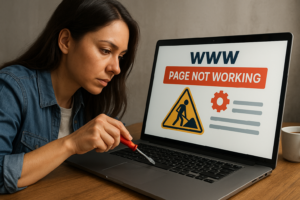 tecnica web utilizando inteligencia artificial para arreglar sitio con fallas de carga optimizando velocidad indexacion y rendimiento mujer especialista en ia reparando una pagina web dañada en laptop fotorrealista proceso de diagnostico y solucion de errores digitales