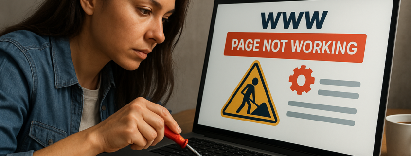 mujer especialista en ia reparando una pagina web dañada en laptop fotorrealista proceso de diagnostico y solucion de errores digitales