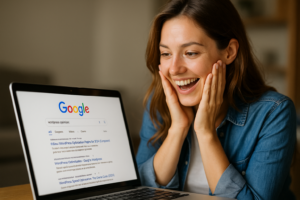 aparecer primera en google gracias a estrategia seo con ia auditando contenido velocidad e indexacion u pagina posicionada en primer lugar de google resultado de optimizacion seo y mejoras de rendimiento en wordpress