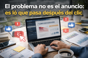 Pantalla de laptop mostrando caída de conversiones tras campañas de publicidad online. Usuario analiza métricas de baja conversión después de hacer clic en un anuncio digital
