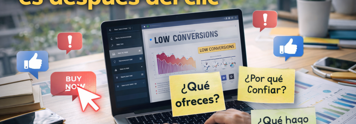 Usuario analiza baja conversión en su web después del clic en un anuncio digital