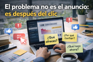 Landing page en laptop mostrando tráfico sin ventas tras campañas de anuncios online. Usuario analiza baja conversión en su web después del clic en un anuncio digital