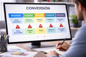 Persona analizando un mapa de conversión para identificar el punto exacto donde se pierde al usuario Persona analizando un mapa de conversión para identificar el punto exacto donde se pierde al usuario.