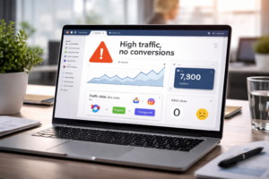 Pantalla de analítica digital comparando tráfico generado por anuncios y resultados reales en la web Panel de campañas publicitarias mostrando métricas de clics mientras la conversión depende del sitio web