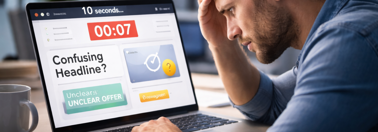 Usuario frustrado evaluando una web confusa en los primeros segundos después del clic.
