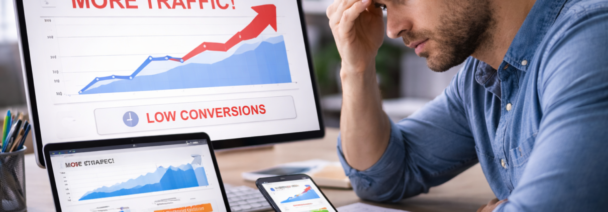 Emprendedor frustrado analizando aumento de tráfico web sin mejora en conversiones