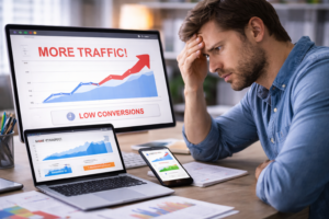 Emprendedor frustrado analizando aumento de tráfico web sin mejora en conversiones Emprendedor frustrado analizando aumento de tráfico web sin mejora en conversiones