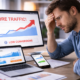 Emprendedor frustrado analizando aumento de tráfico web sin mejora en conversiones