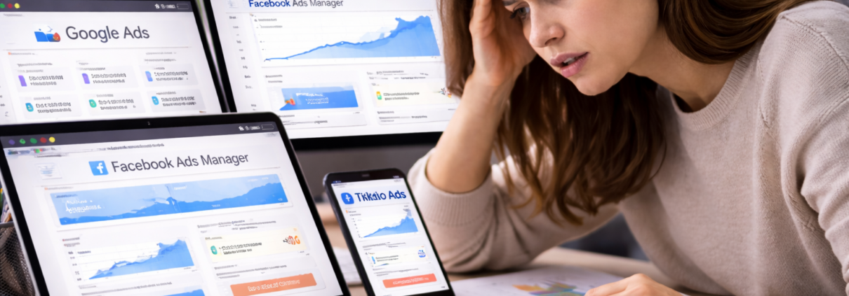 Emprendedora frustrada revisando campañas en distintas plataformas sin mejoras en conversiones web