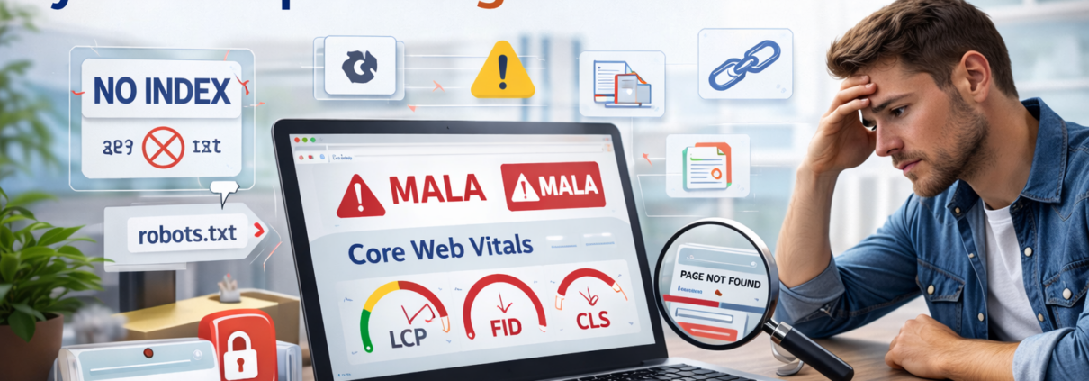 mostrando problemas de indexación, robots.txt, canónicos incorrectos y mala velocidad