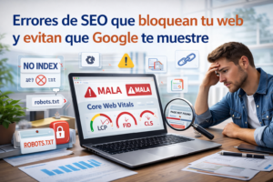 errores de SEO que impiden que Google muestre la página, incluyendo noindex, enlaces rotos y Core Web Vitals negativos mostrando problemas de indexación, robots.txt, canónicos incorrectos y mala velocidad