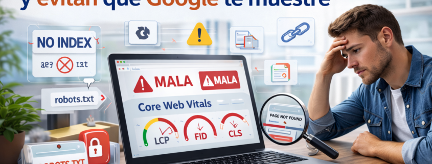 mostrando problemas de indexación, robots.txt, canónicos incorrectos y mala velocidad