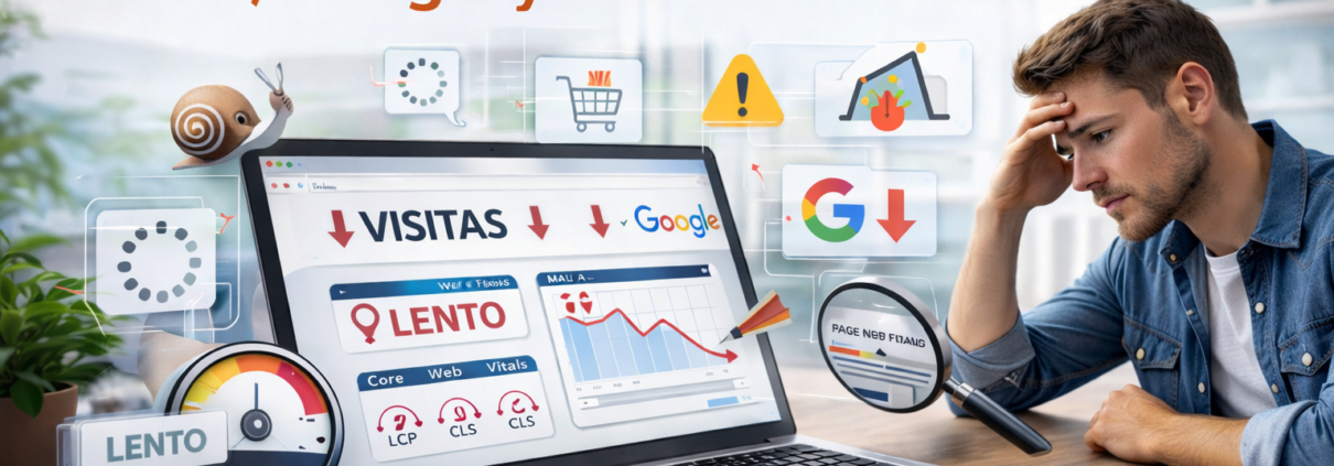 Sitio web lento afectando visitas y conversiones, mostrando métricas de Google en baja, Core Web Vitals deficientes y experiencia móvil negativa