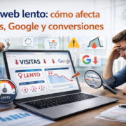 Sitio web lento afectando visitas y conversiones, mostrando métricas de Google en baja, Core Web Vitals deficientes y experiencia móvil negativa