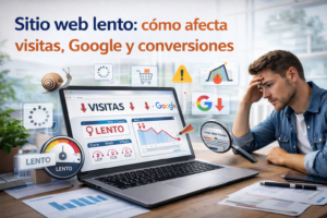 Emprendedor analizando un sitio web lento que pierde posicionamiento en Google y conversiones por problemas de velocidad y rendimiento Sitio web lento afectando visitas y conversiones, mostrando métricas de Google en baja, Core Web Vitals deficientes y experiencia móvil negativa