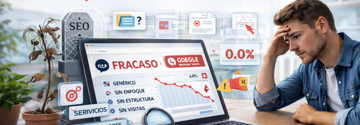 Contenido web que no posiciona en Google, mostrando errores comunes de SEO como falta de enfoque, mala estructura y tráfico orgánico en caída