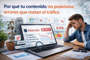 Contenido web que no posiciona en Google, mostrando errores comunes de SEO como falta de enfoque, mala estructura y tráfico orgánico en caída Contenido web que no posiciona en Google, mostrando errores comunes de SEO como falta de enfoque, mala estructura y tráfico orgánico en caída