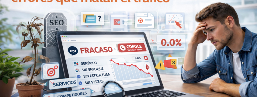 Contenido web que no posiciona en Google, mostrando errores comunes de SEO como falta de enfoque, mala estructura y tráfico orgánico en caída