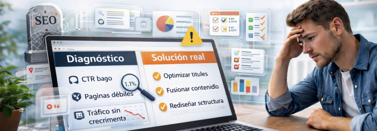 Página web estancada sin crecimiento, mostrando la diferencia entre diagnóstico técnico y solución real para aumentar tráfico orgánico