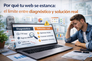 Página web estancada sin crecimiento, mostrando la diferencia entre diagnóstico técnico y solución real para aumentar tráfico orgánico Página web estancada sin crecimiento, mostrando la diferencia entre diagnóstico técnico y solución real para aumentar tráfico orgánico
