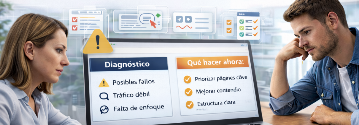 Diagnóstico final de una página web, mostrando revisión profesional del sitio y un plan claro de acciones para aumentar visitas y posicionamiento en Google