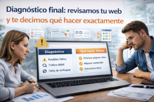 Diagnóstico final de una página web, mostrando revisión profesional del sitio y un plan claro de acciones para aumentar visitas y posicionamiento en Google Diagnóstico final de una página web, mostrando revisión profesional del sitio y un plan claro de acciones para aumentar visitas y posicionamiento en Google
