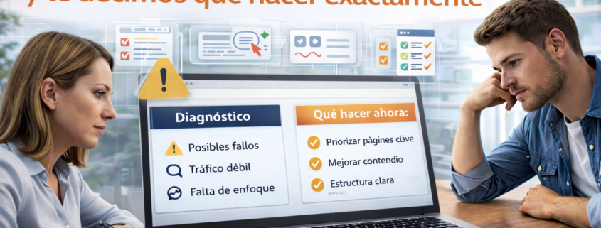 Diagnóstico final de una página web, mostrando revisión profesional del sitio y un plan claro de acciones para aumentar visitas y posicionamiento en Google